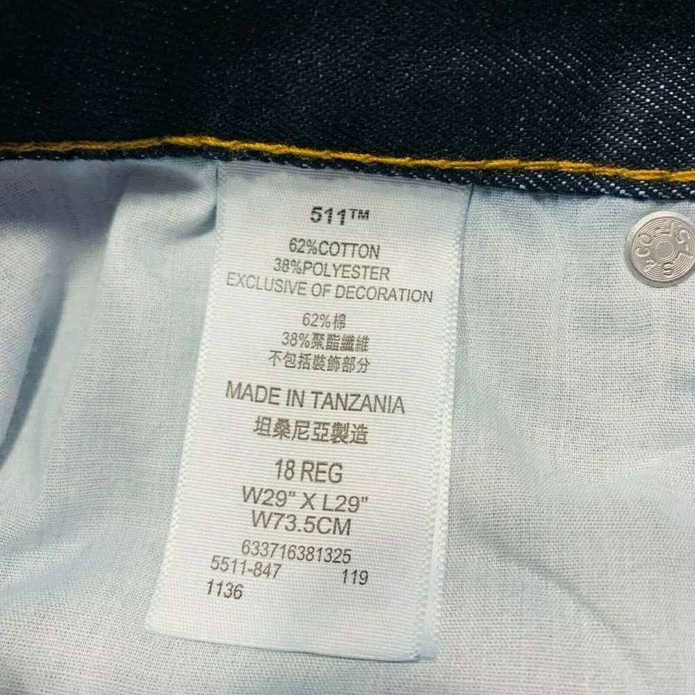 Levi’s 511 Slim Fit Jeans Womens 18 Reg‎ (30x31.5) Mid Rise Dark Wash Denim NWOT